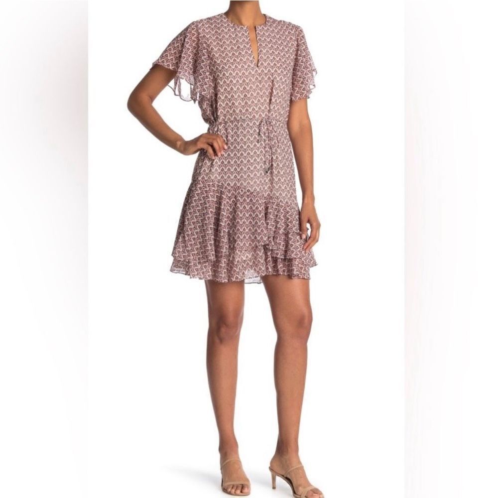 Reiss Anna Printed Flippy Dress Knee Length Short Ruffle Sleeve Women 10 Cream